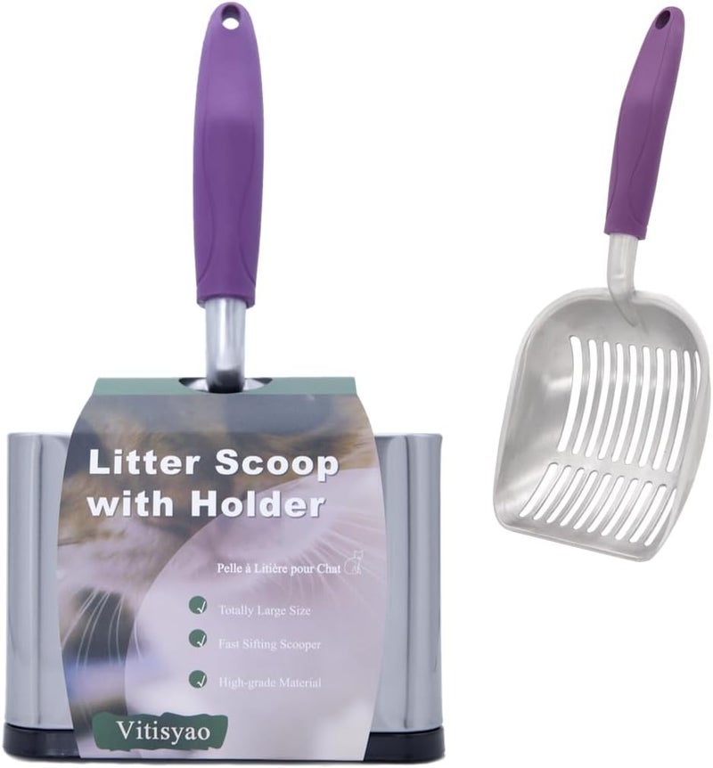 Vitisyao Metal Heavy Duty Cat Litter Scoop with Holder, Stainless Steel Kitty Litter Scooper Caddy for Litter Box, Aluminum Speed Sifter with Non-Slip Handle - Image 1